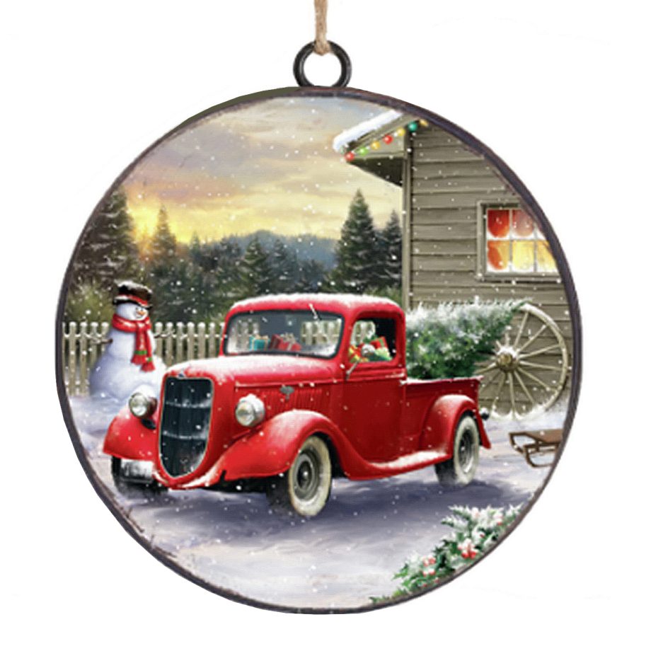 Metal Disc Red Truck W/Snowman Ornament