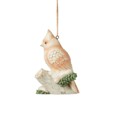 JS White Woodland Cardinal on Branch Ornament
