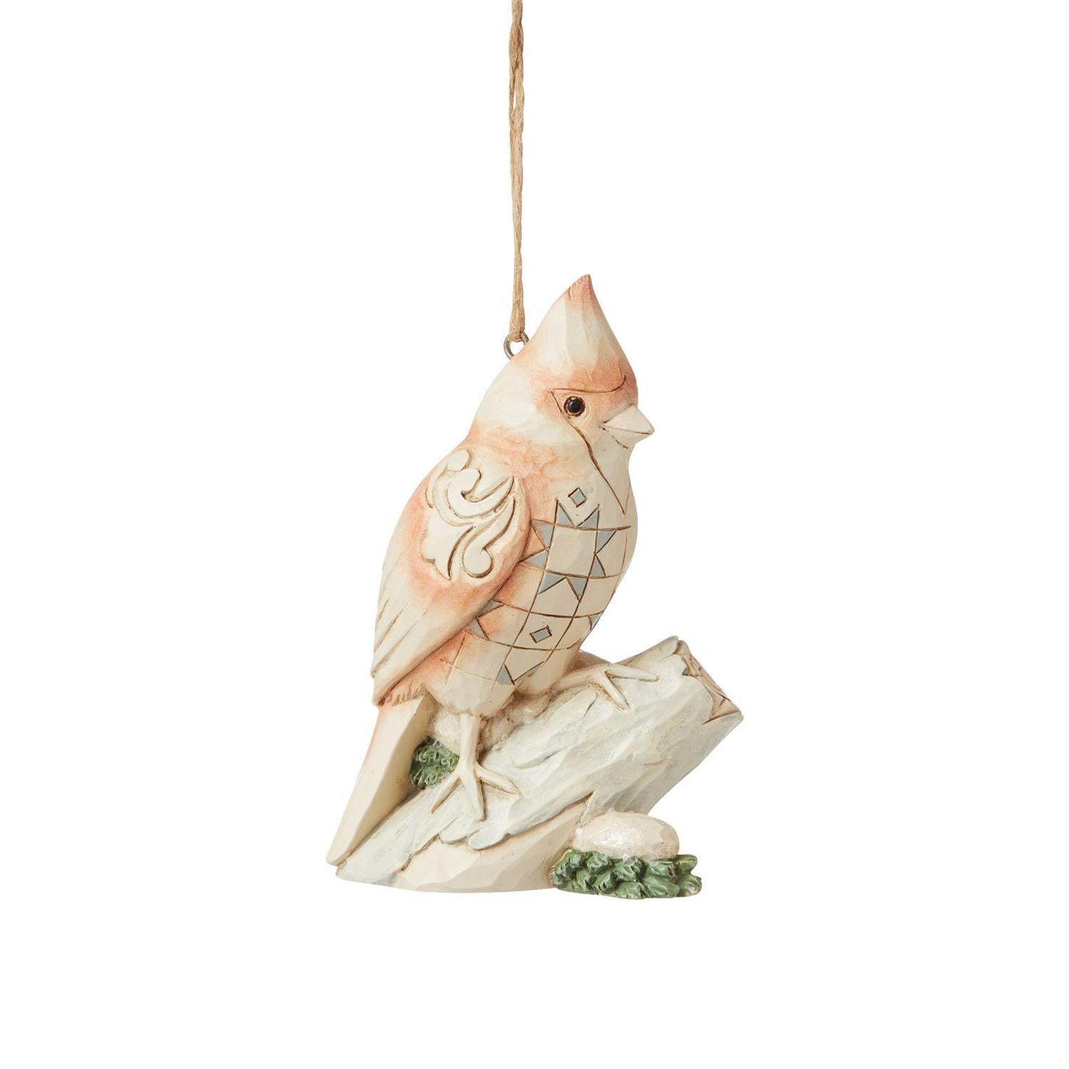 JS White Woodland Cardinal on Branch Ornament