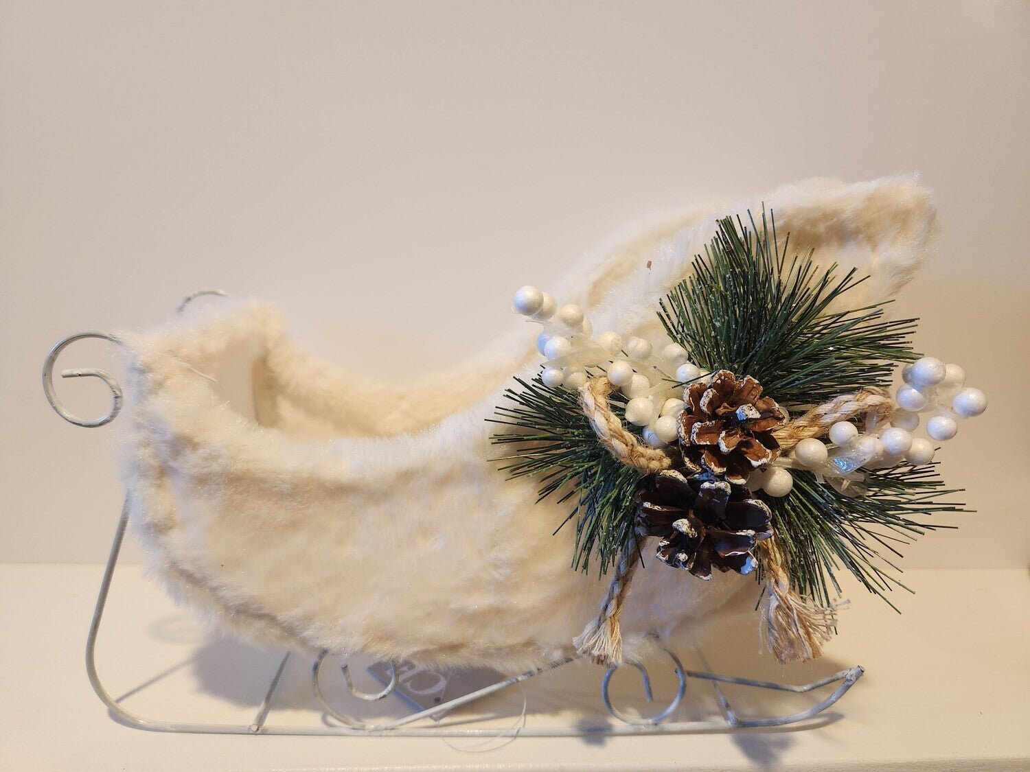 White Faux Fur Metal Sleigh 14"